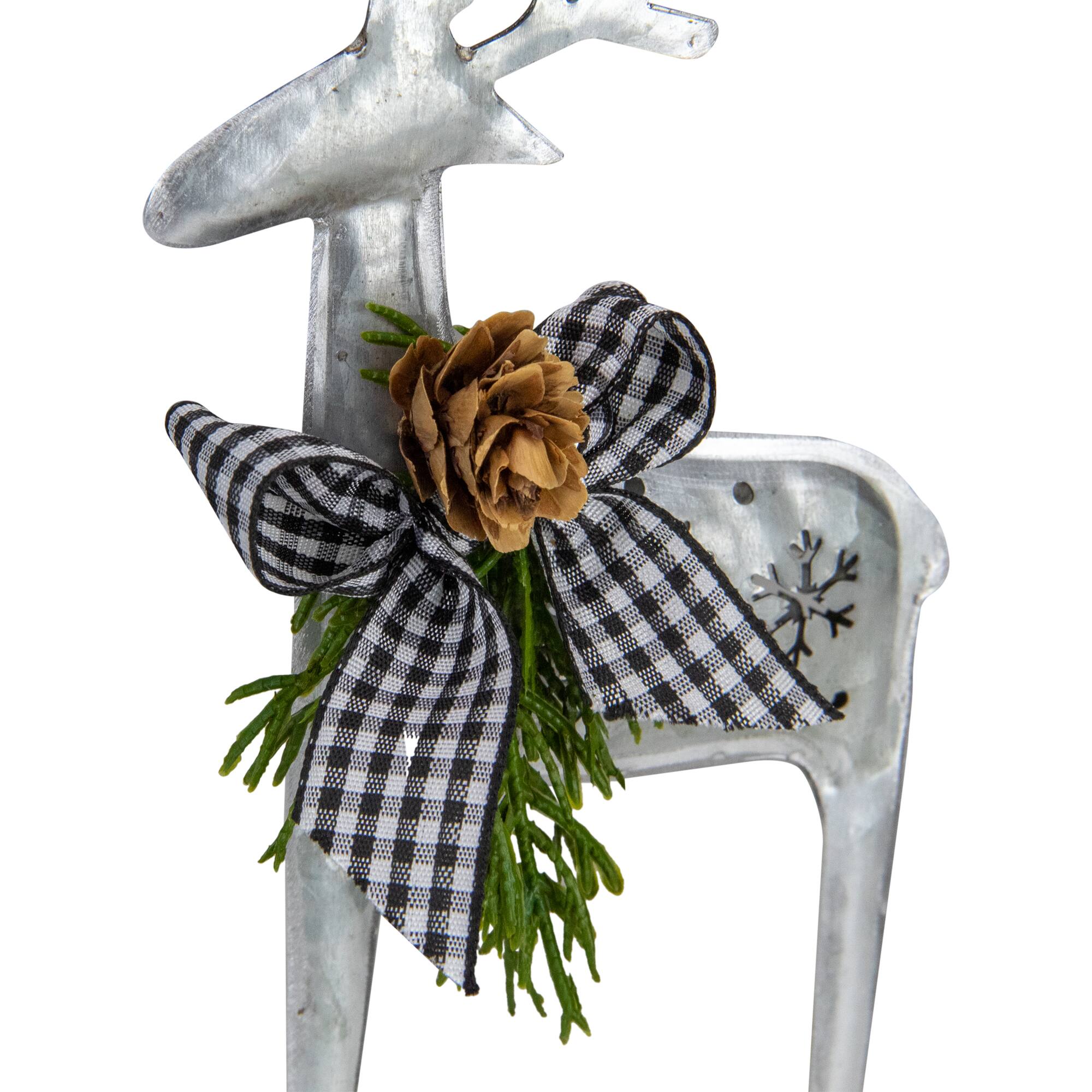 6.25" Silver Metal Reindeer Christmas Ornament with Black Gingham Bowtie & Pine